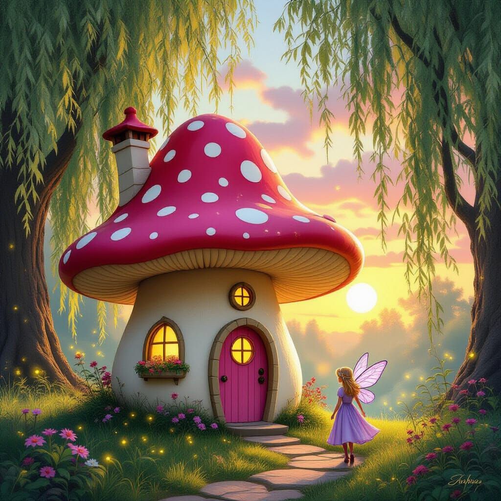 Whimsical Mushroom House with Fairy by Setting Sun