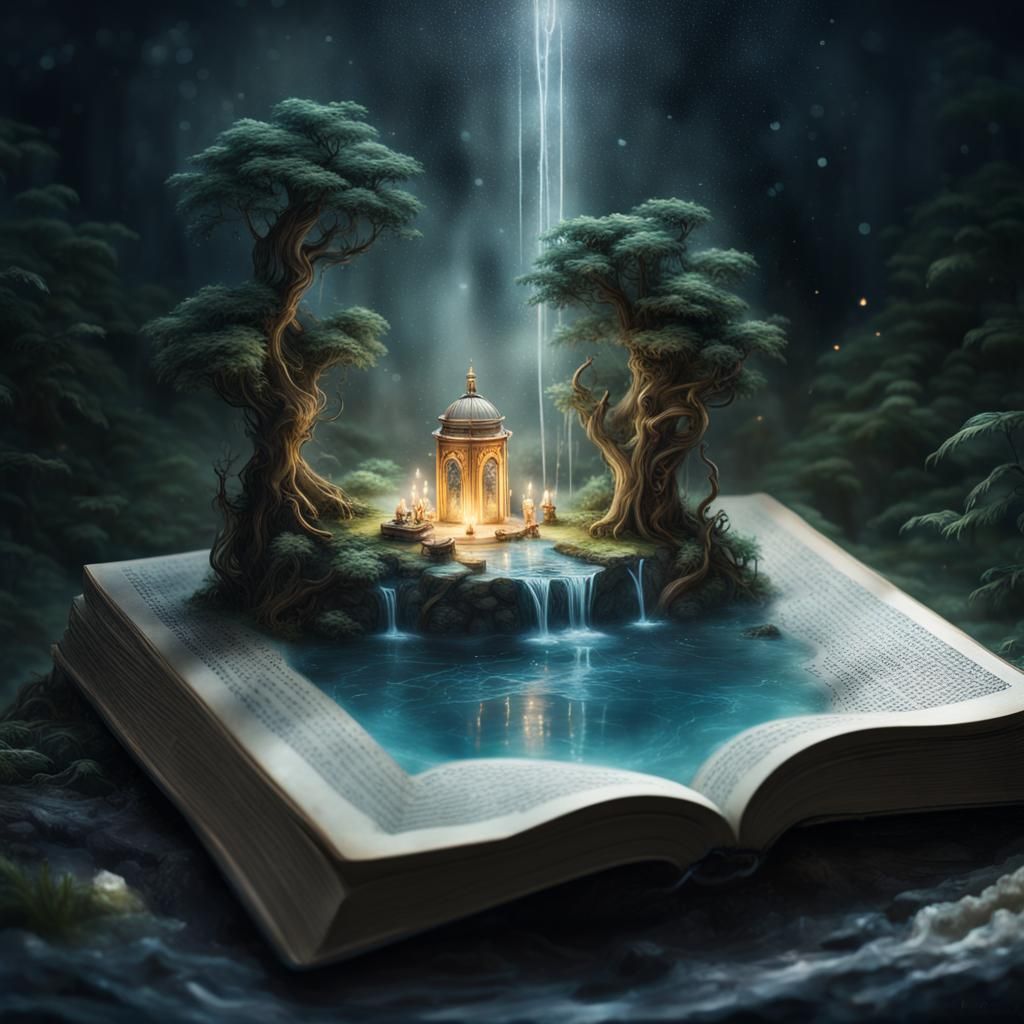 Miniature Fantasy Fountain with Fireflies and Open Book