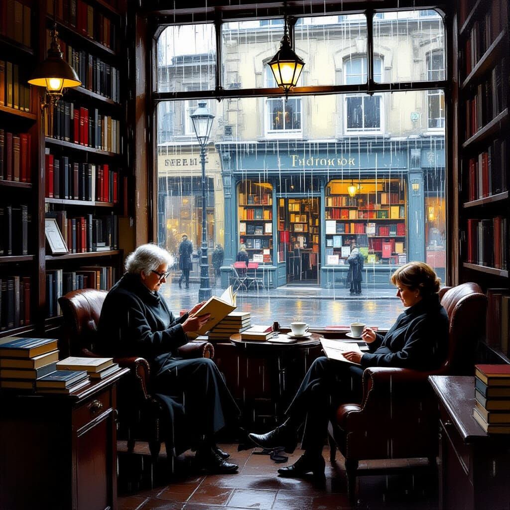 Rainy Day Bookshop Café Scene in Classical Oil Painting Styl...