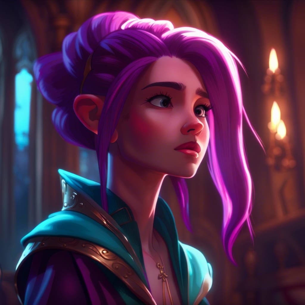 Priestess with Violet Hair in Castle Interior