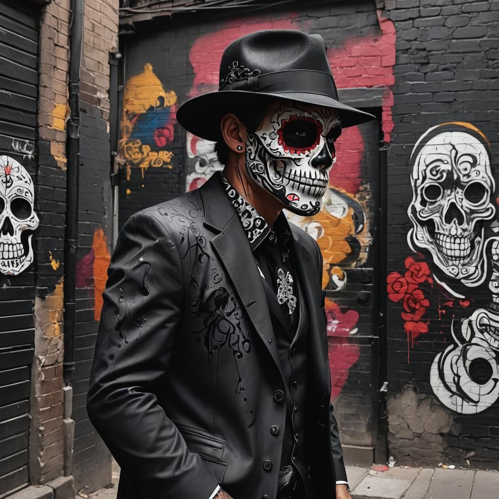 Sugar Skull Gangster in Fedora with Street Art