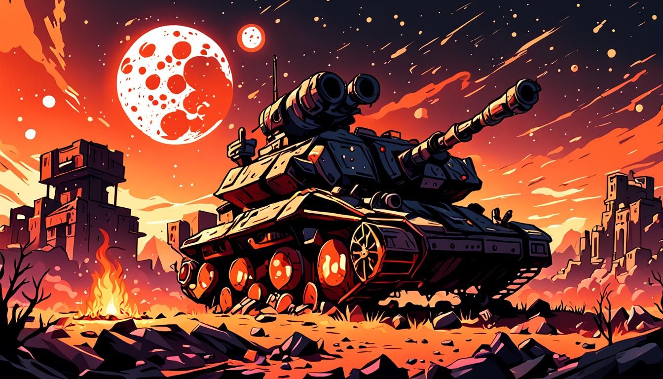 Pink Atomic Tank Amid Charred Ruins