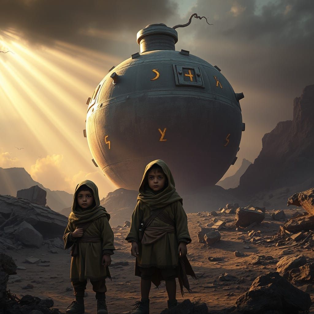 Children in Haunting Dark Fantasy War-Torn Landscape