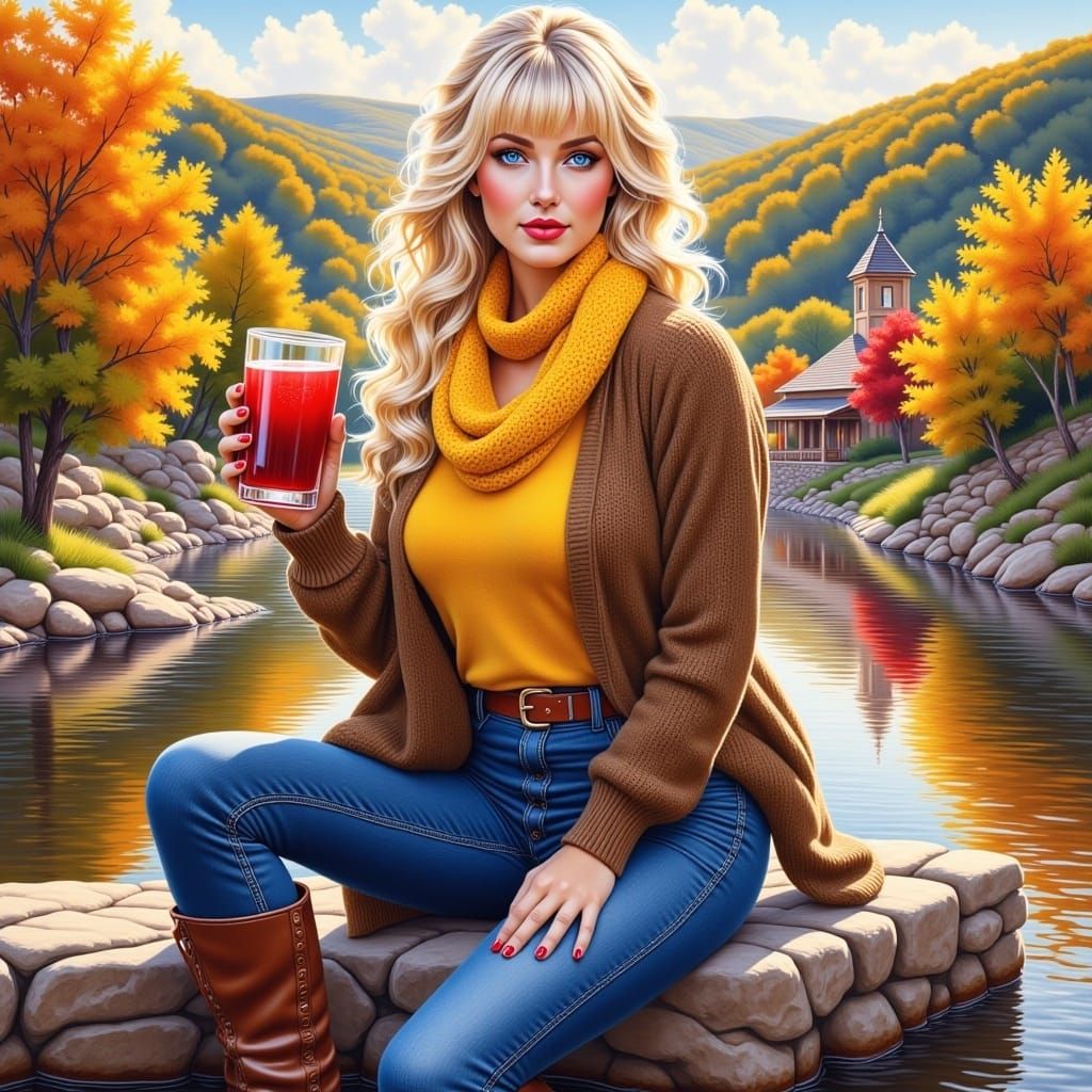 <lora:NiceStyleFlux:1.0> A stunning woman, blond straight hair, bangs, make up, red lips, bar, drinking juice , brown a...