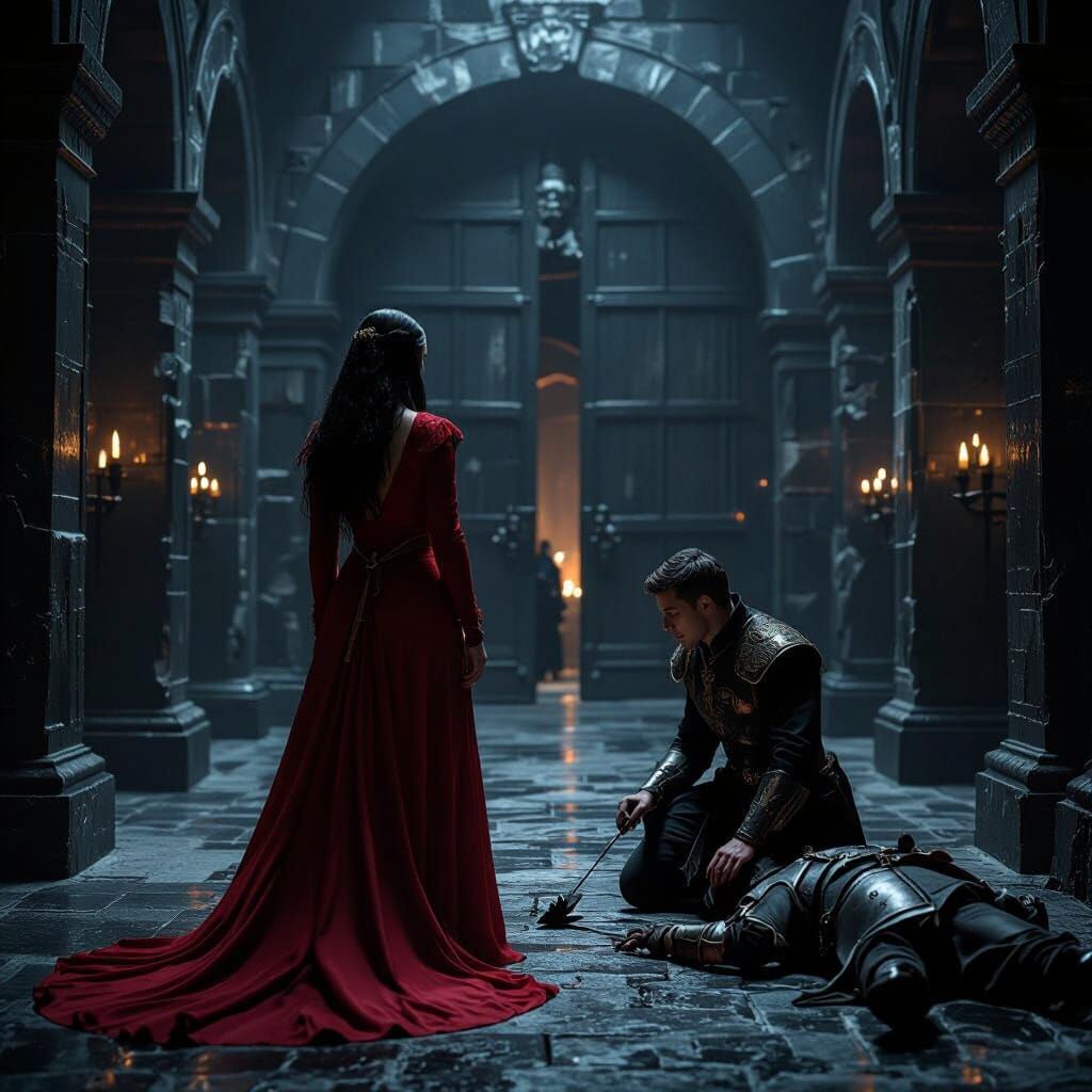 Cinematic Medieval Archive Scene with Eris and Rhys