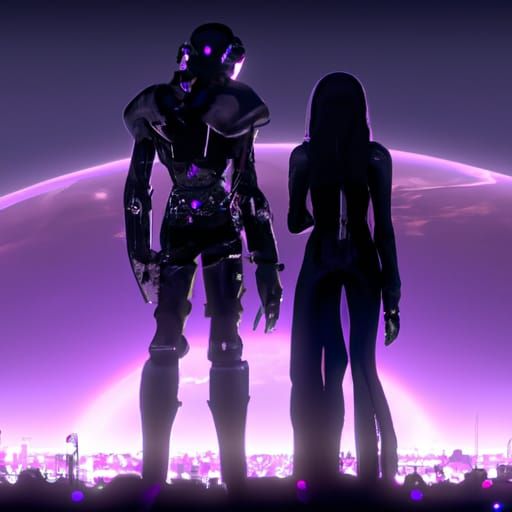 Cyberpunk Robot Couple Watch Lunar Eclipse