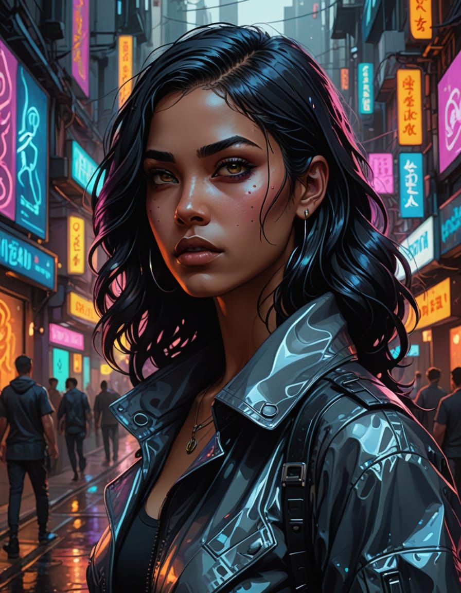 Dominican Woman in Cyberpunk City, Art Nouveau Style