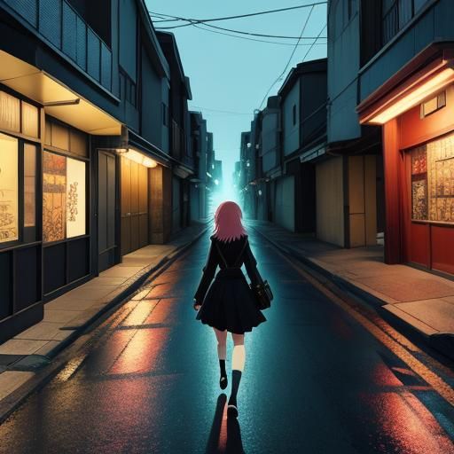 Anime Girl Walking at Night: Manga Style