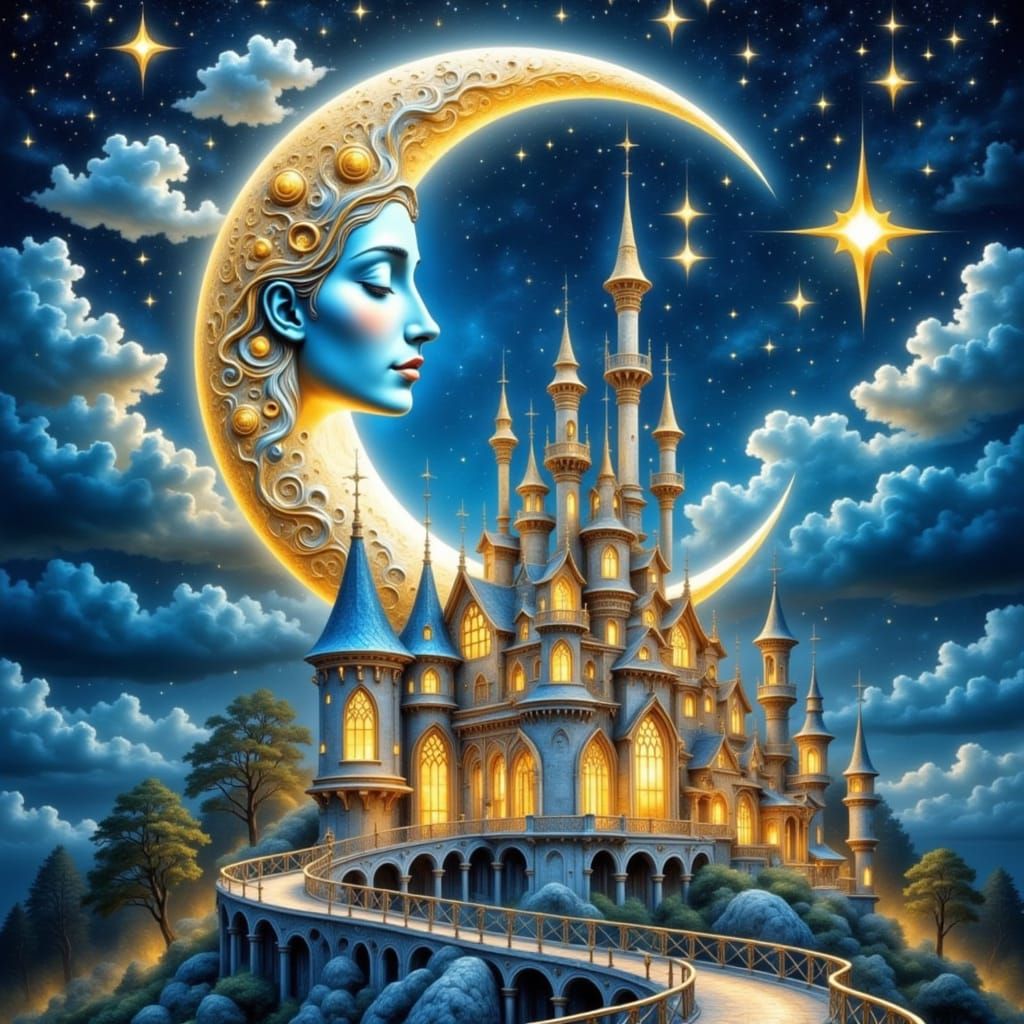 Moonlit Castle Scene with Enchanted Anthro Crescent