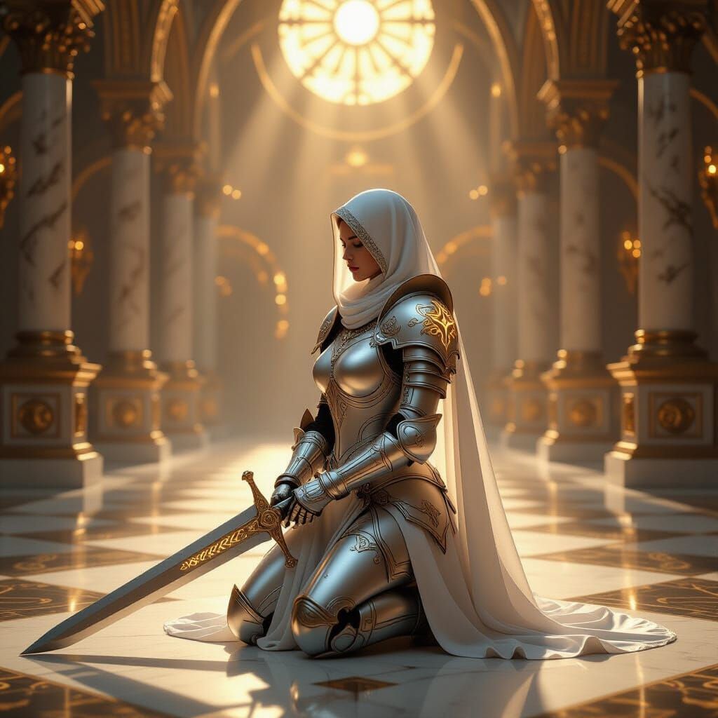 Seraphic Knight in Gilded Hall, Digital Art