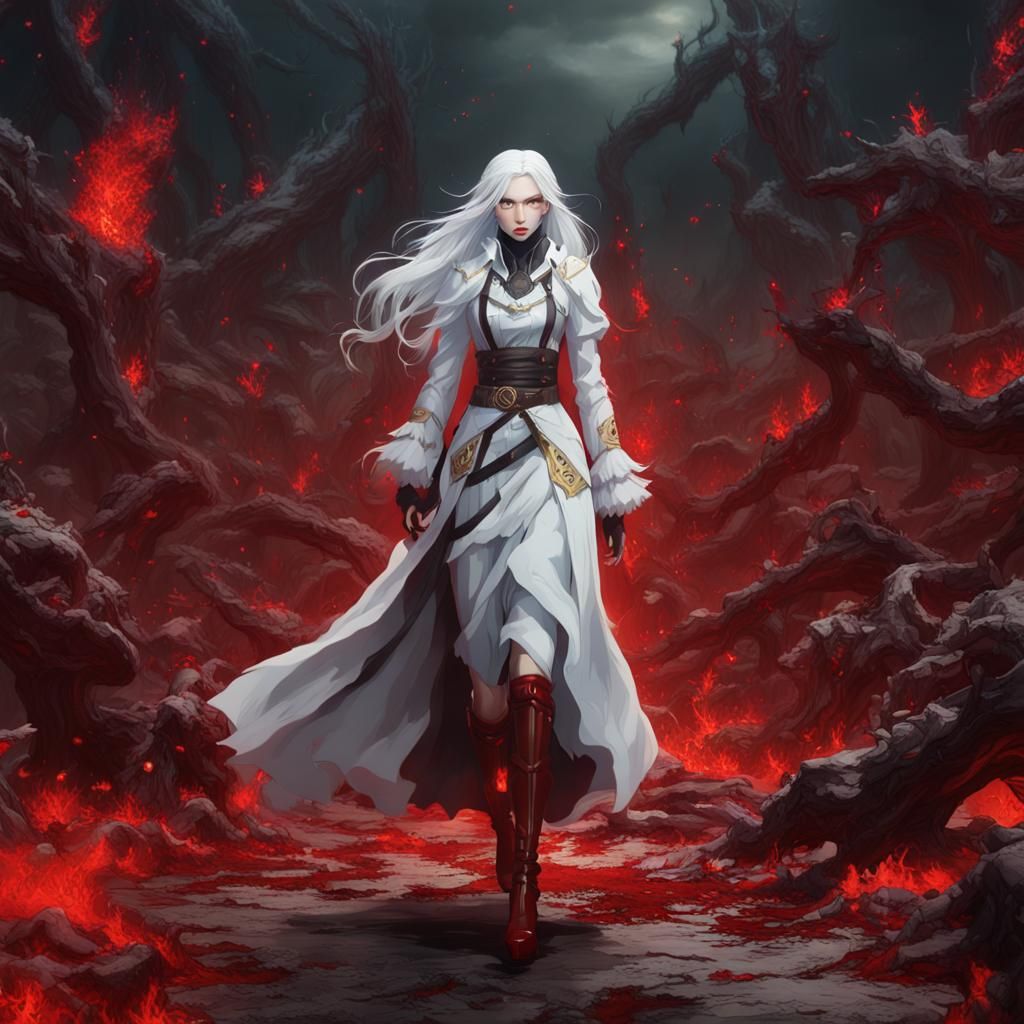 Anime Woman Strides Through Hell in Red Heels