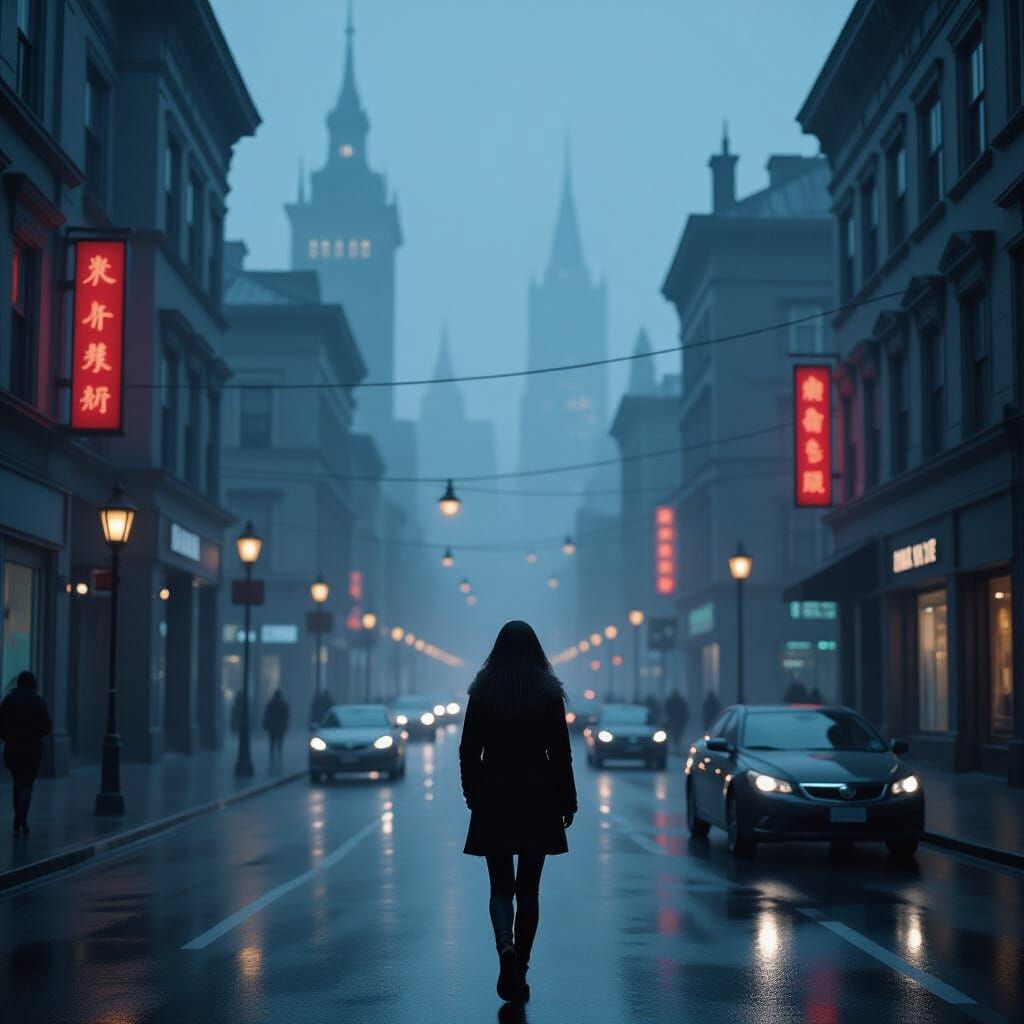 Woman in Rainy City with Moody Cinematic Lighting