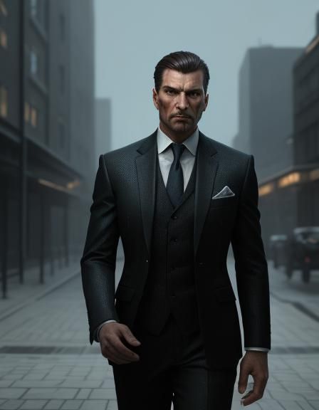 Hyperrealistic Mugshot of a Suited Criminal in Cityscape