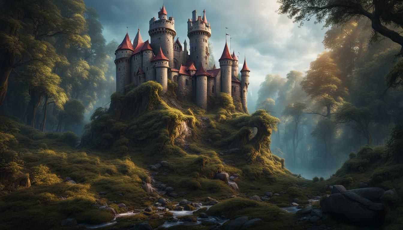 Fantastical Castle in Woods: Detailed Matte Painting