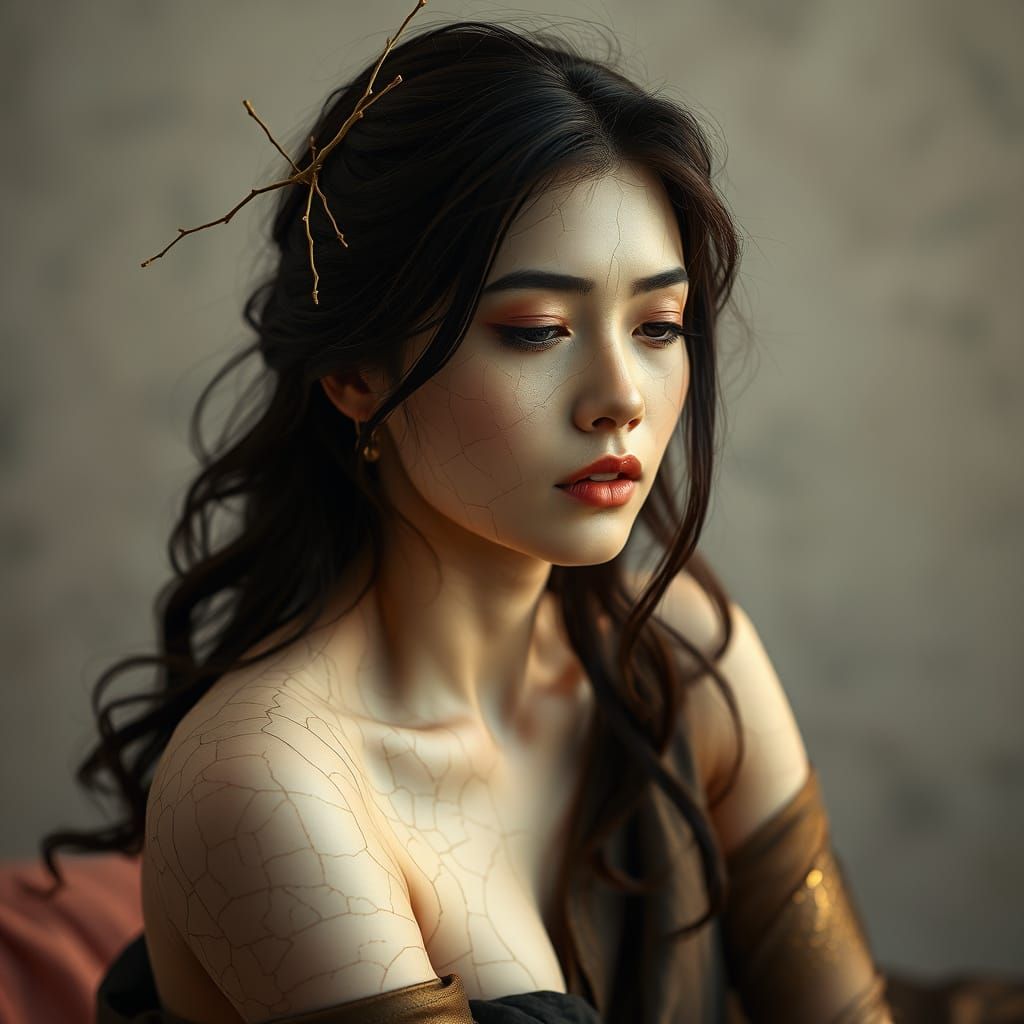 Ethereal Beauty with Cracked Porcelain Skin in a Dreamy, Int...