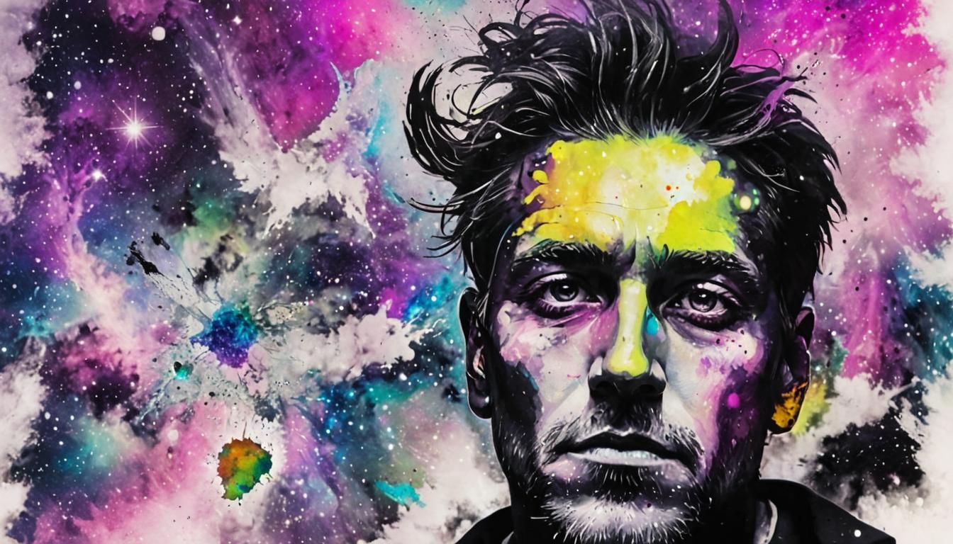 Cosmic Man: Ink Art with Galactic Background