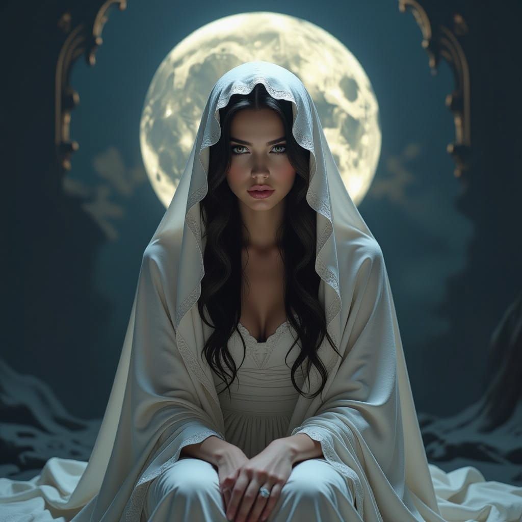 Melancholic Woman in Moonlit, Decaying Opulence