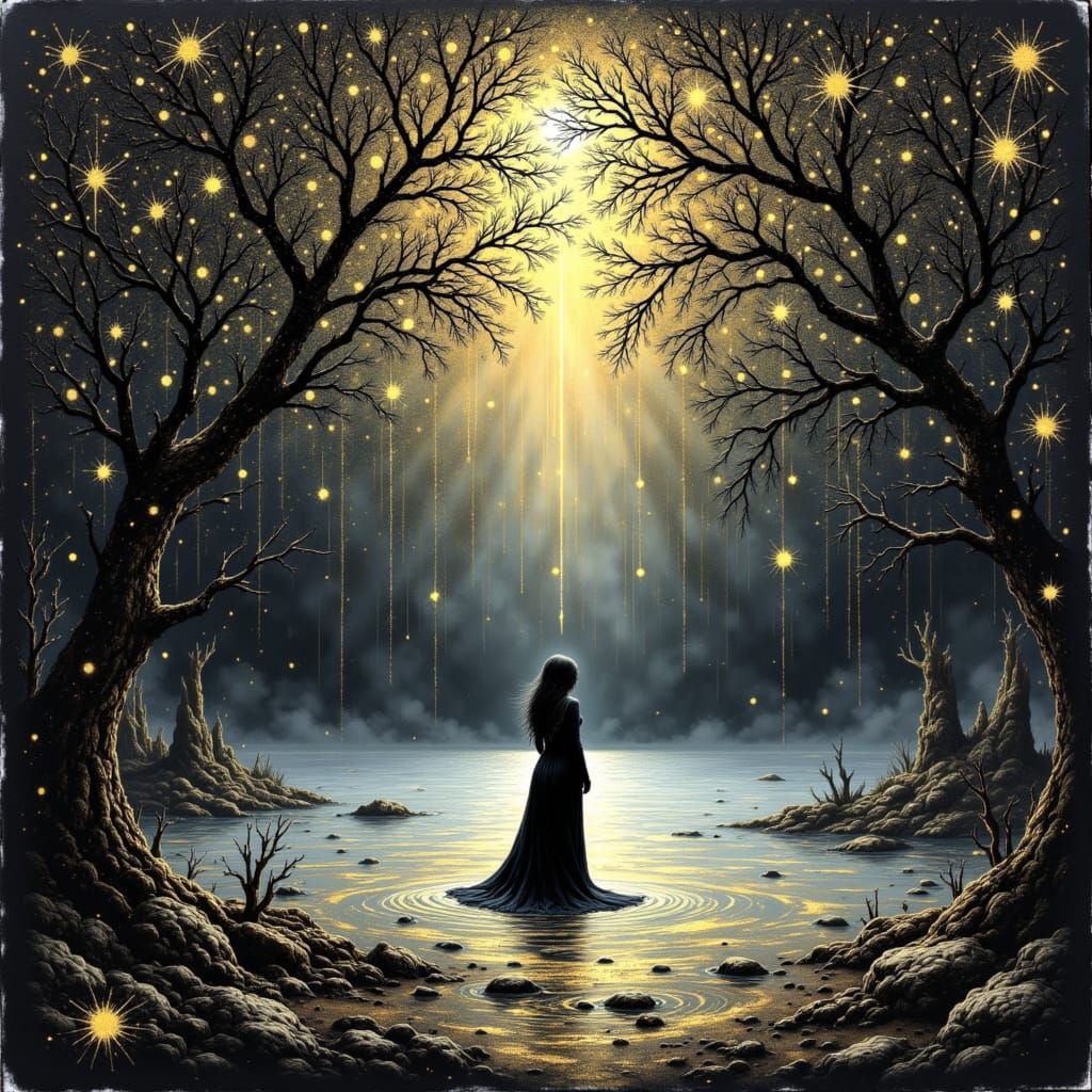 Surreal Golden Landscape in Art Nouveau Style