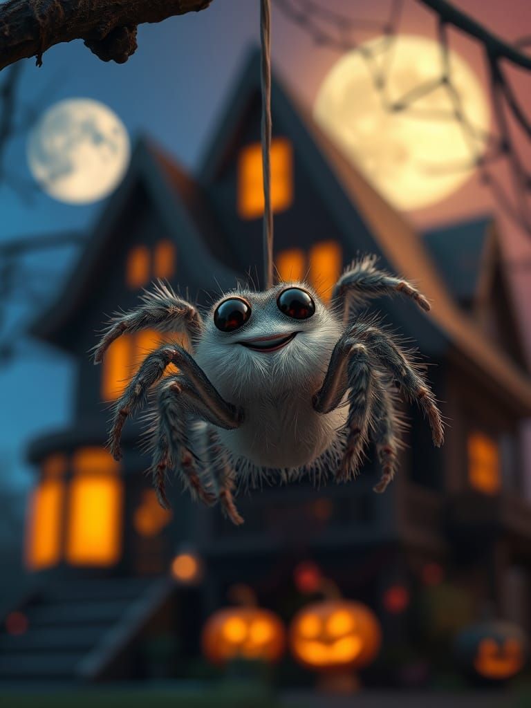 Cute Chibi Spider in Whimsical Halloween Setting