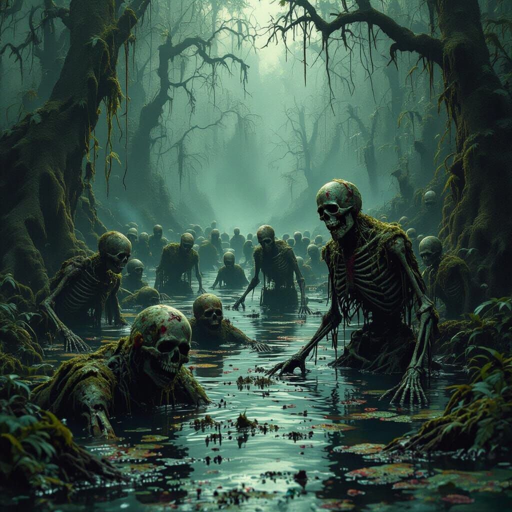 Mystical Swamp Inhabited by Moss Covered Skeletons