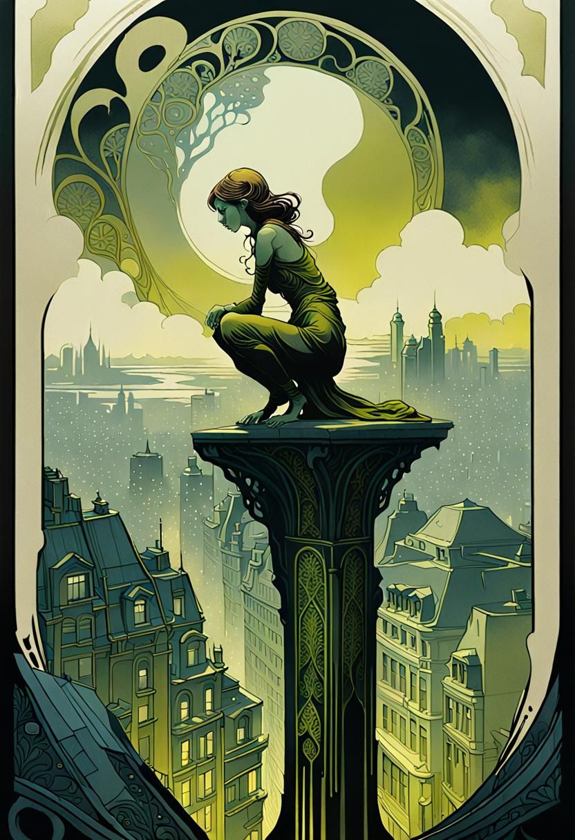 Giant Girl Over City: Art Nouveau Dark Fantasy