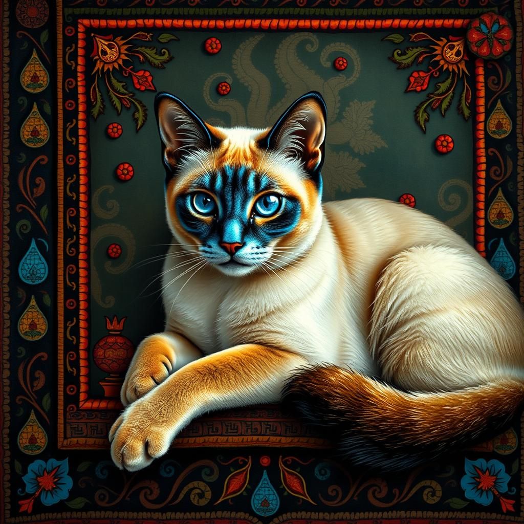 Majestic Siamese Cat with Vedic Symbols