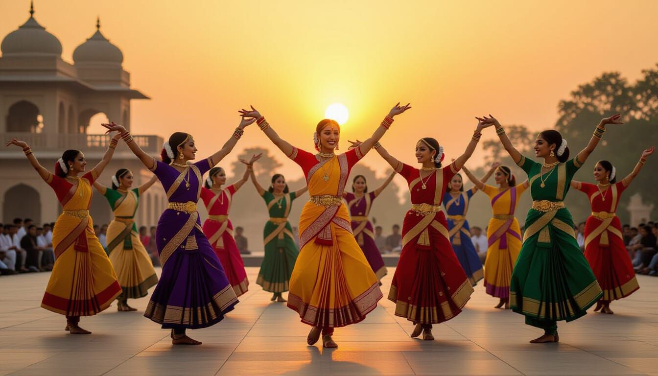 Kathak Dancers at Sunset: Indian Art Style