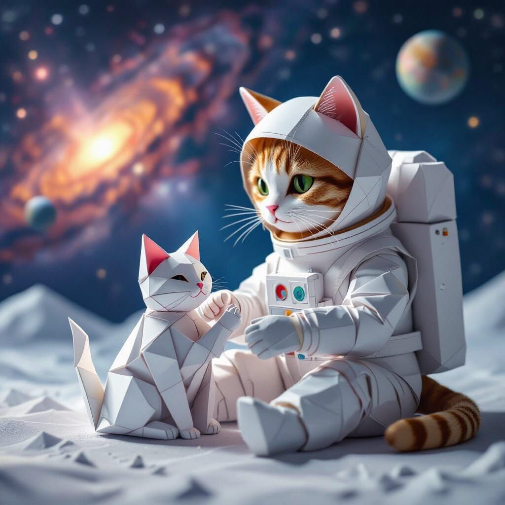 Origami Cat Crafts Feline in Cosmic Papercraft Style