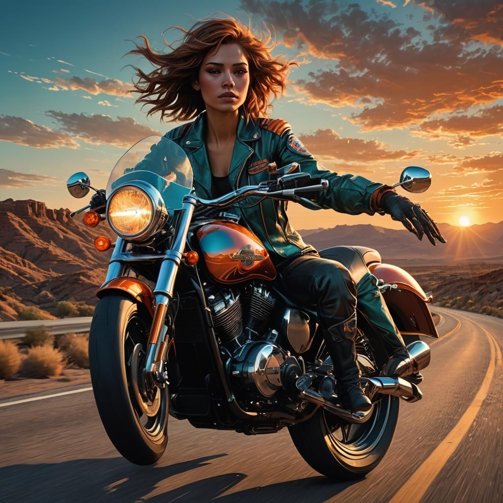 Woman on Harley Davidson Motorcycle in Digital Art Style