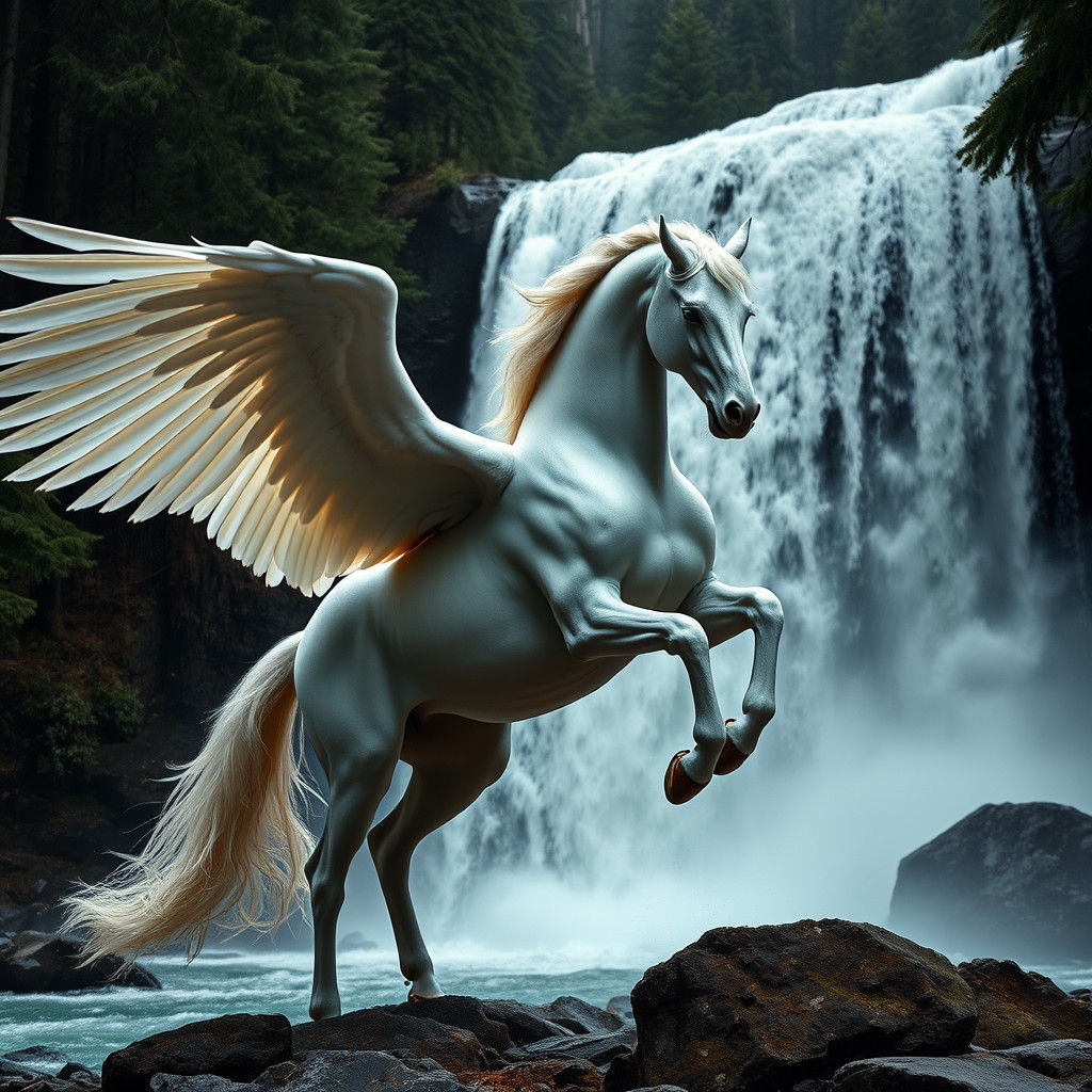 Hyperrealistic Pegasus Beside a Waterfall