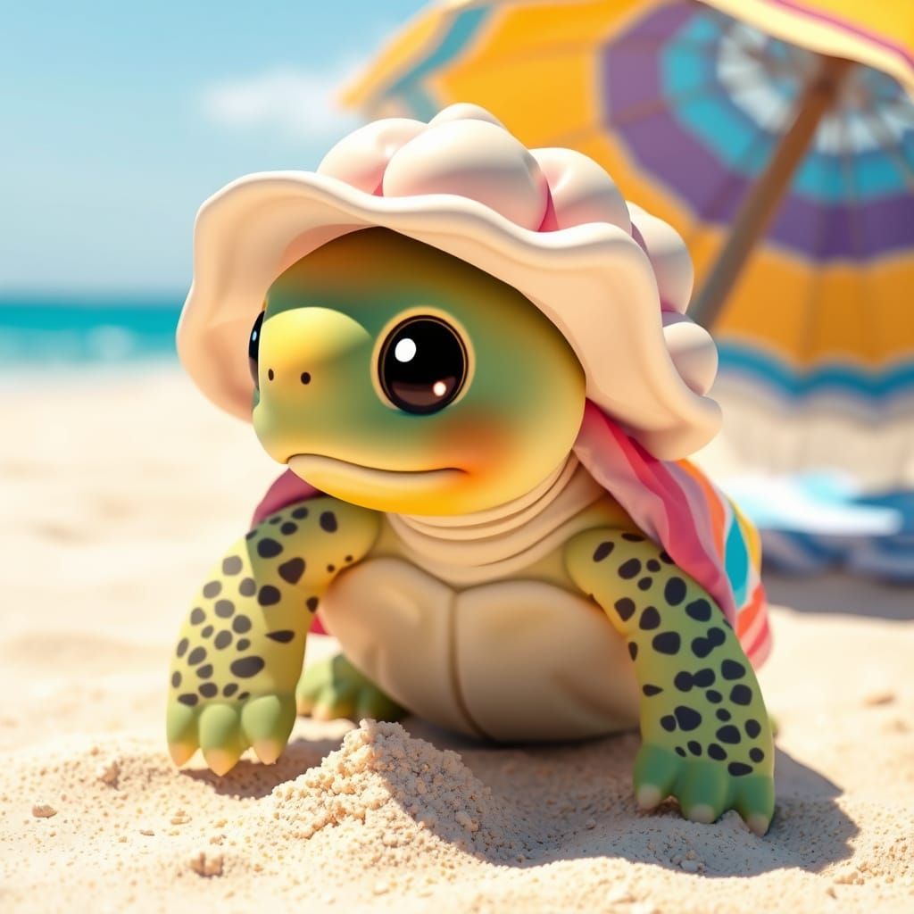 Turtle on Beach in Pastel Kawaii Style