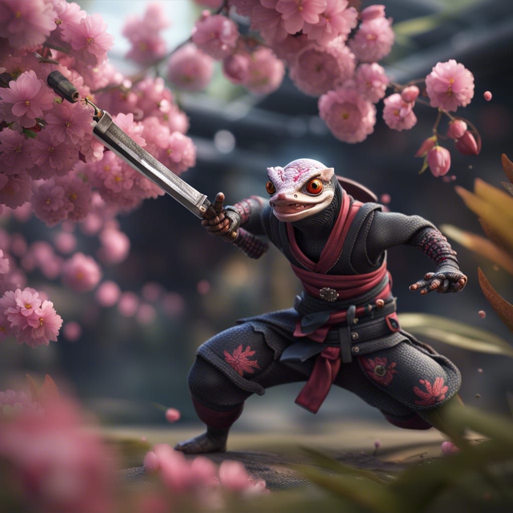 Ninja gecko with in ninja clothes and weapons in training grounds attacking, cherry blossem, hyperrealism, HDR, Unreal E...