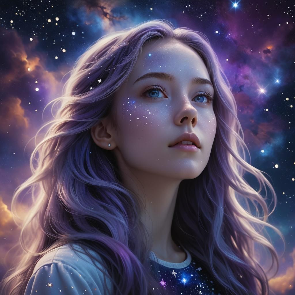 Ethereal Portrait of Girl Gazing at Nebula