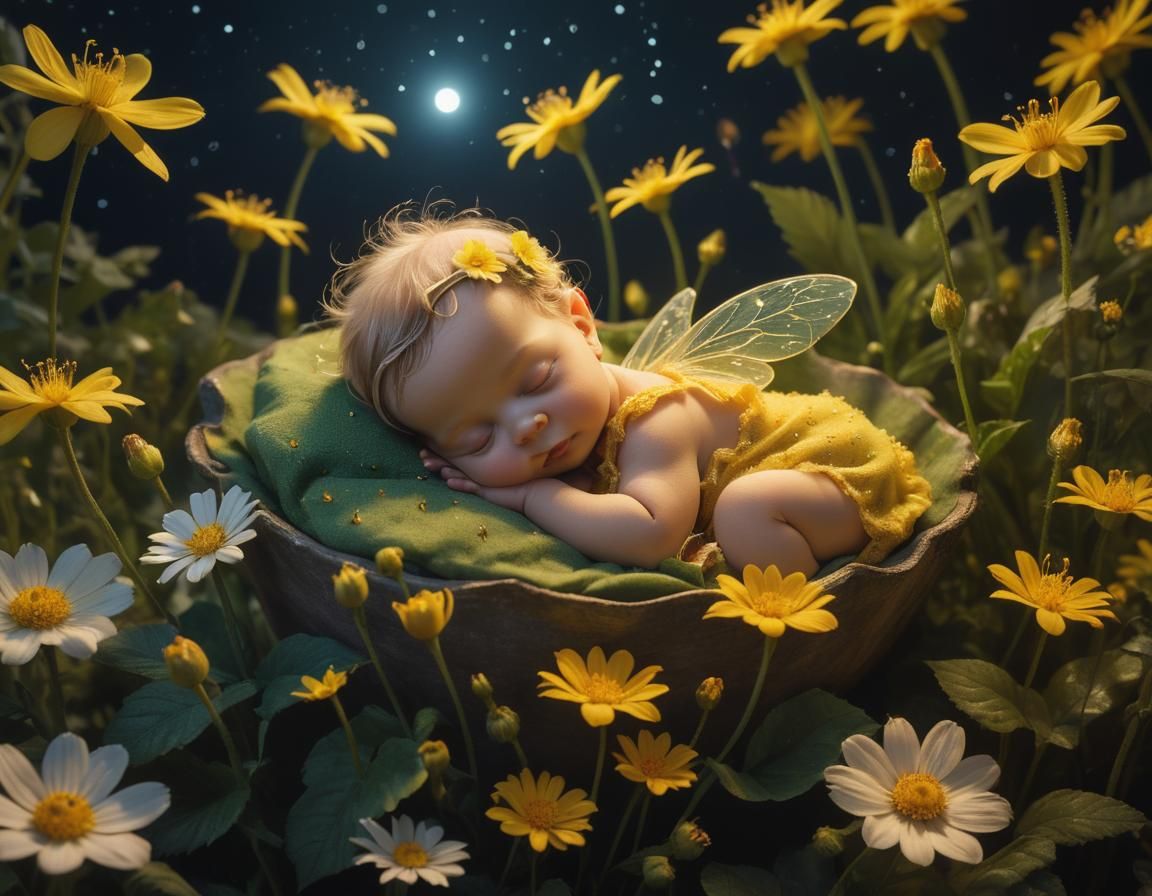 Cute Fairy Baby Sleeping in Flower, Photorealistic