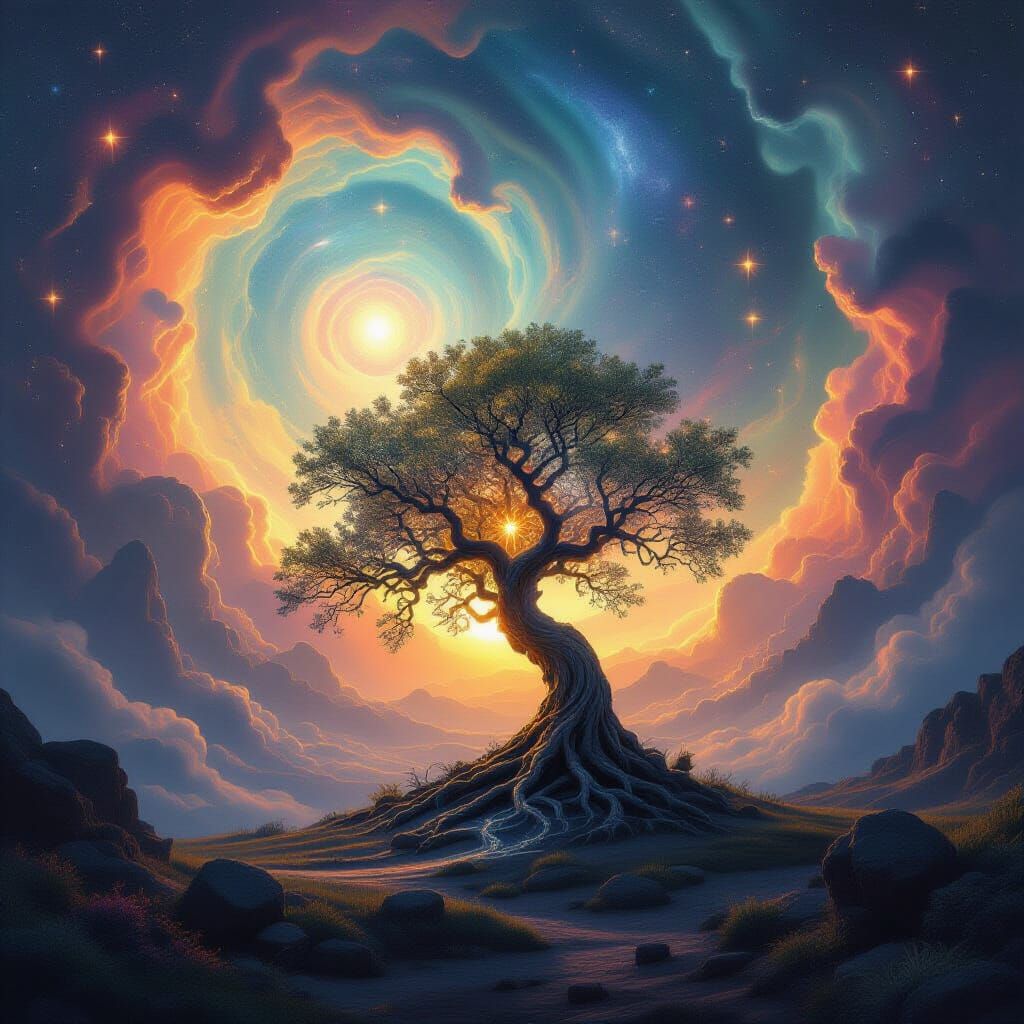 Ethereal Cosmic Landscape with Luminous Ancient Tree