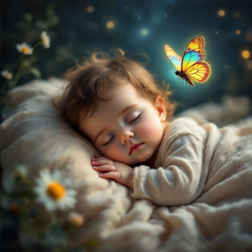 Surreal Scene of Sleeping Baby Surrounded by Whimsical Butte...