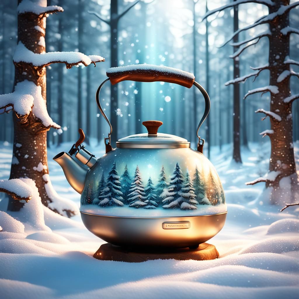 Christmas Kettle in Winter Forest, Hyper-Realistic Painting