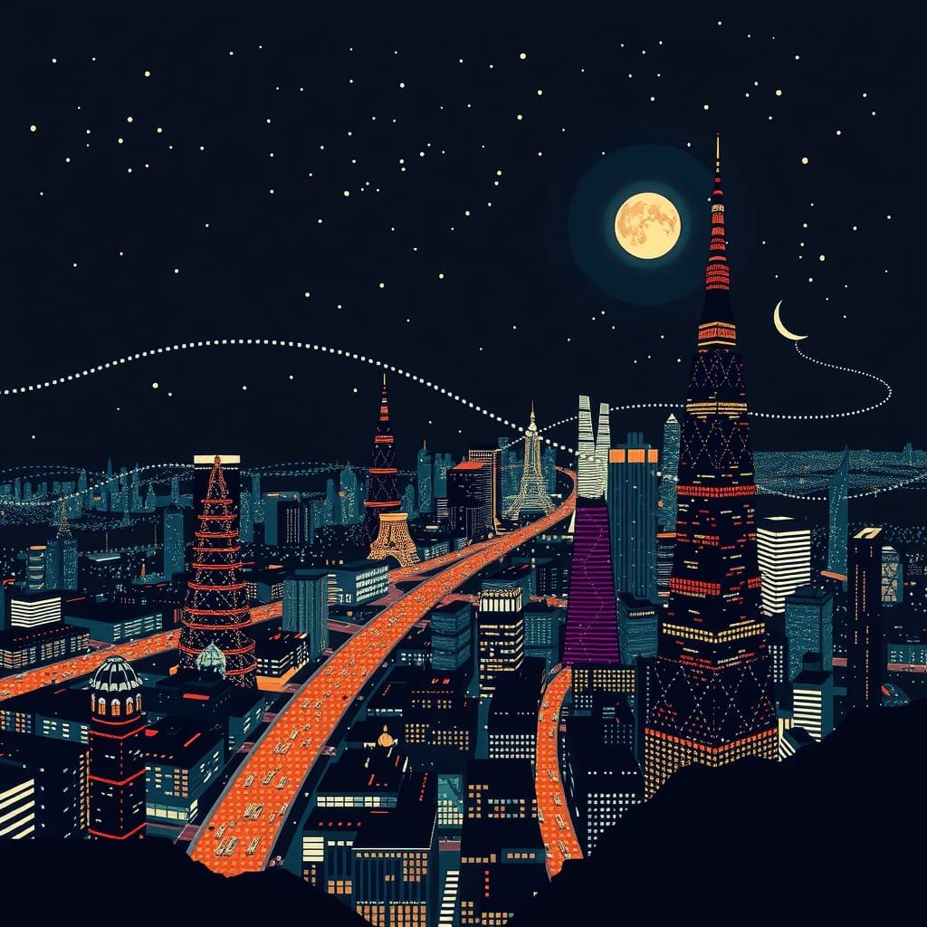 Futuristic City at Night in Pointillism Style