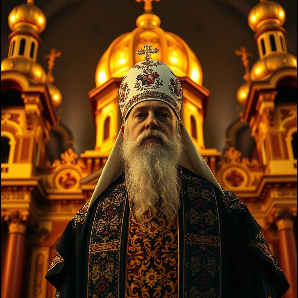 Ornate Orthodox Priest in Cathedral: Cinematic 35mm Film