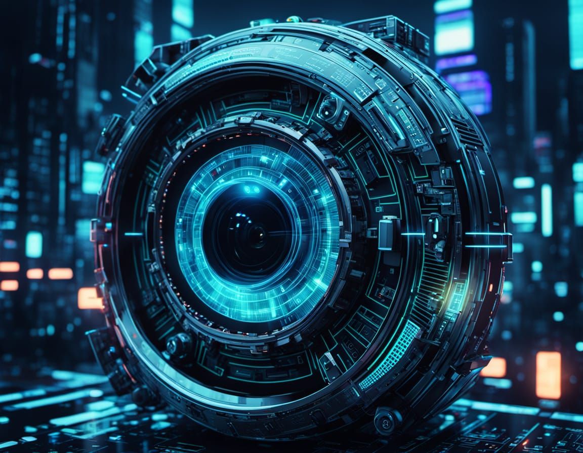 Futuristic Camera Lens in Cyberpunk Cityscape