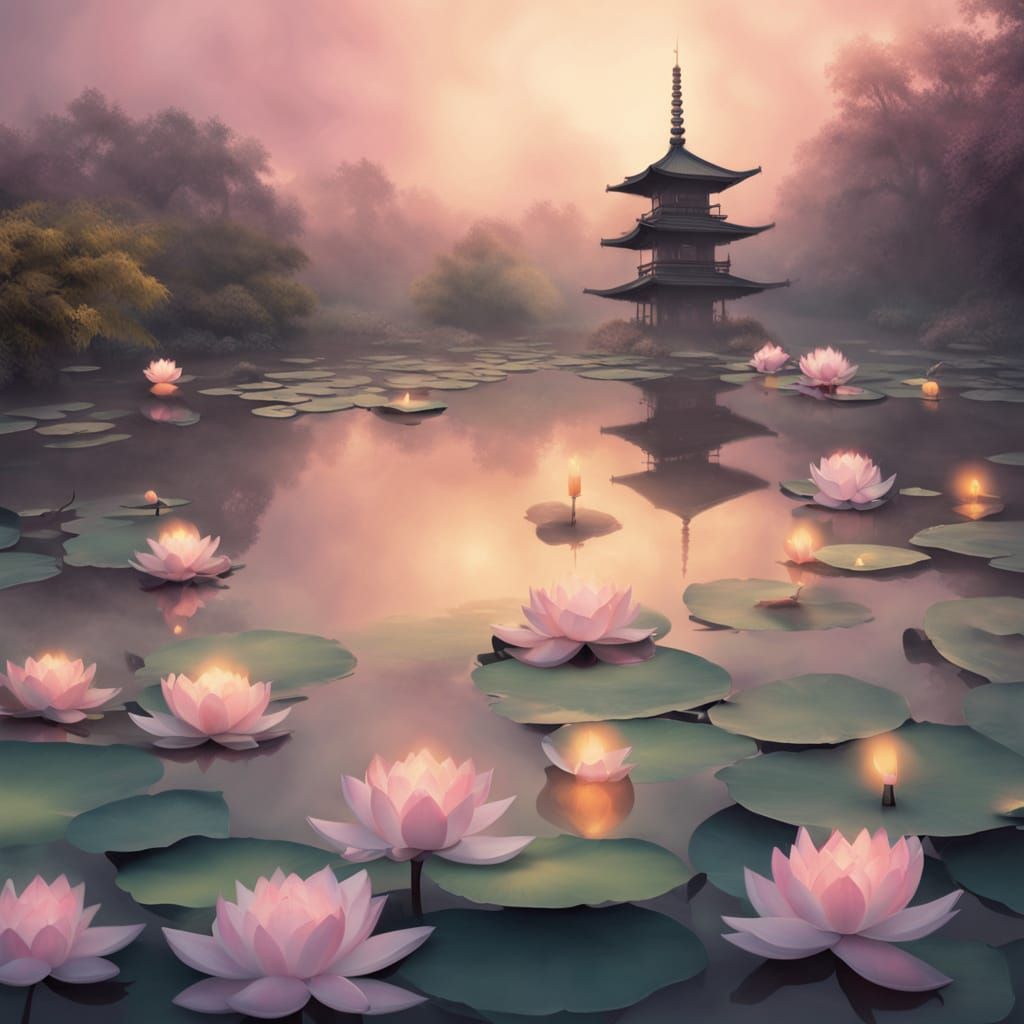 Surrealistic Lotus Pond Scene in Vibrant Oil Painting