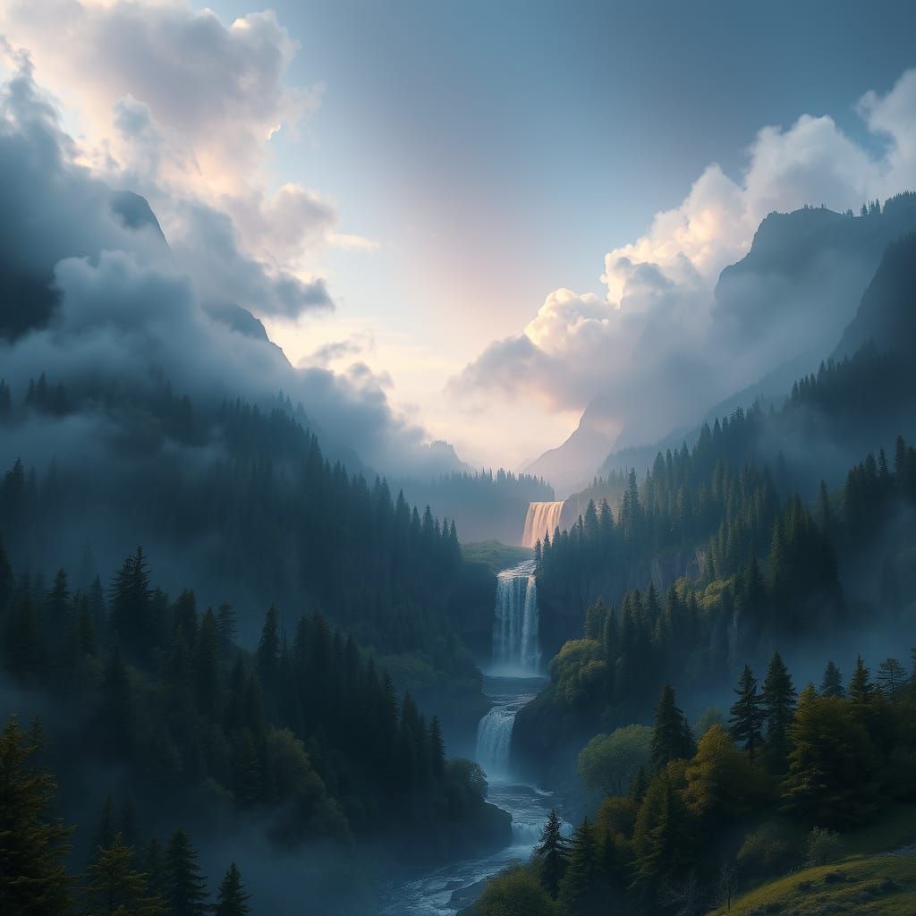 Ethereal Fantasy Landscape with Misty Mountains and Glowing ...