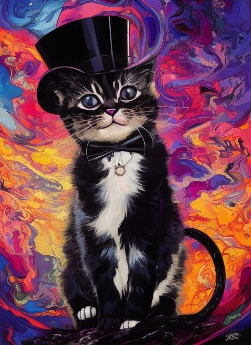 Kitten in Top Hat with Tornado, Anime Style