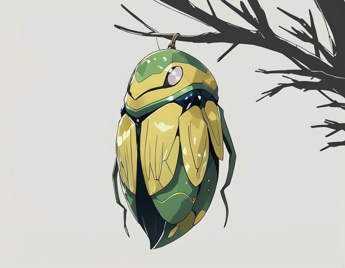 (anime:1.5), portrait of a bug type chrysalis Pokémon with a...
