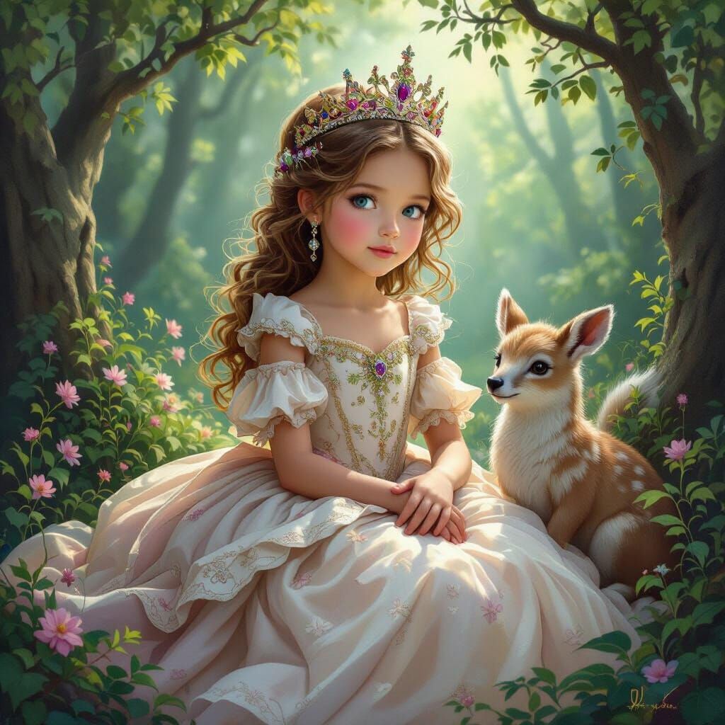 Princess with Gentle Animal in Whimsical Forest