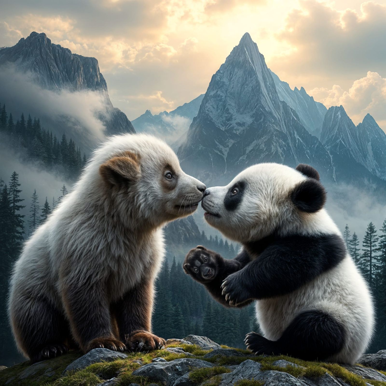 Hyperrealistic Portrait of Curious Tamaskan Pup and Panda Cu...