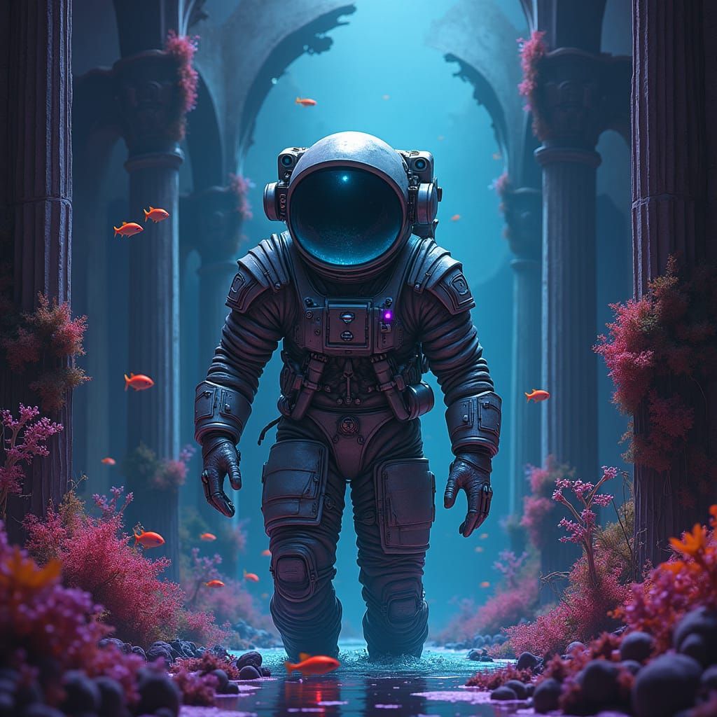 Astronaut's Bioluminescent Dive in Alien Ocean