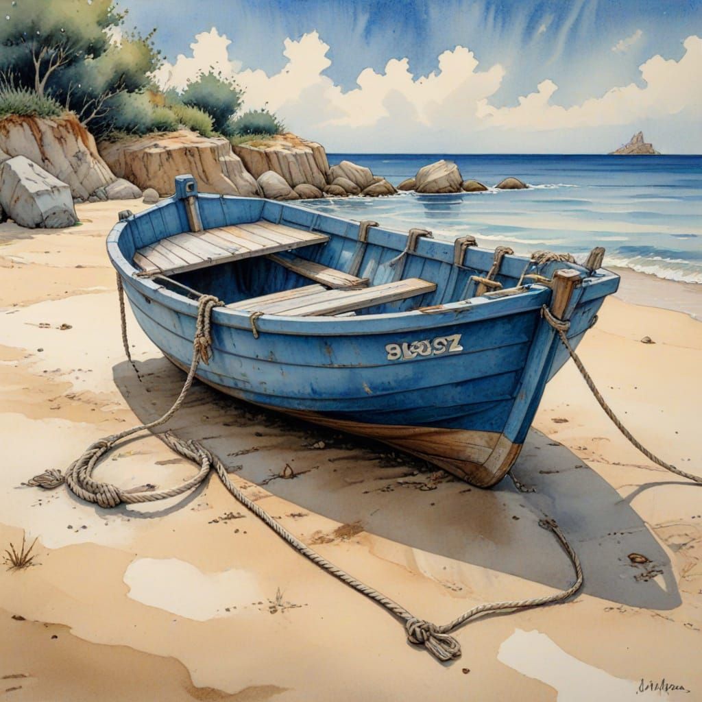 Weathered Blue Fishing Boat on Shoreline in Indian Ink and W...