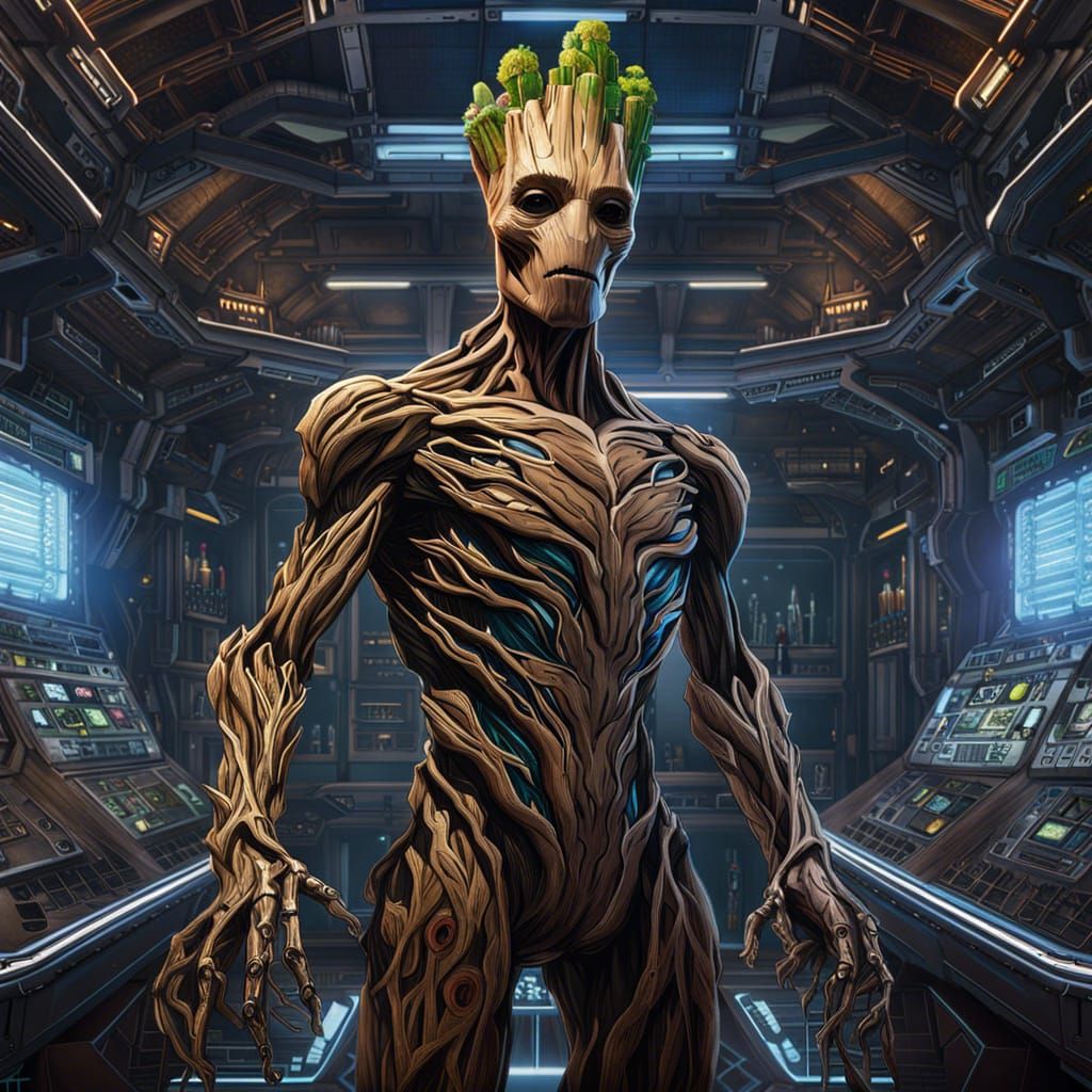 Groot Portrait in Cosmic Lab with Cybernetic Enhancements