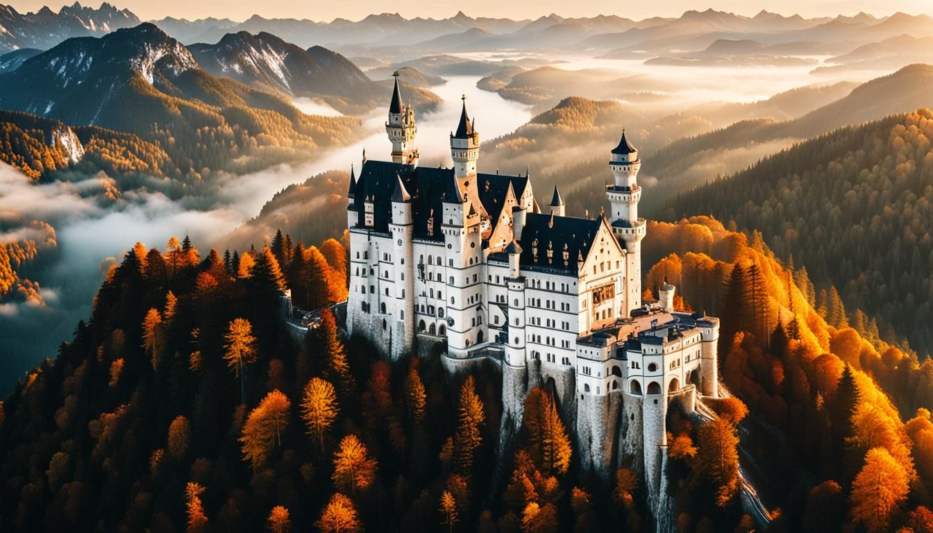 Neuschwanstein Castle: Aerial View in Golden Light